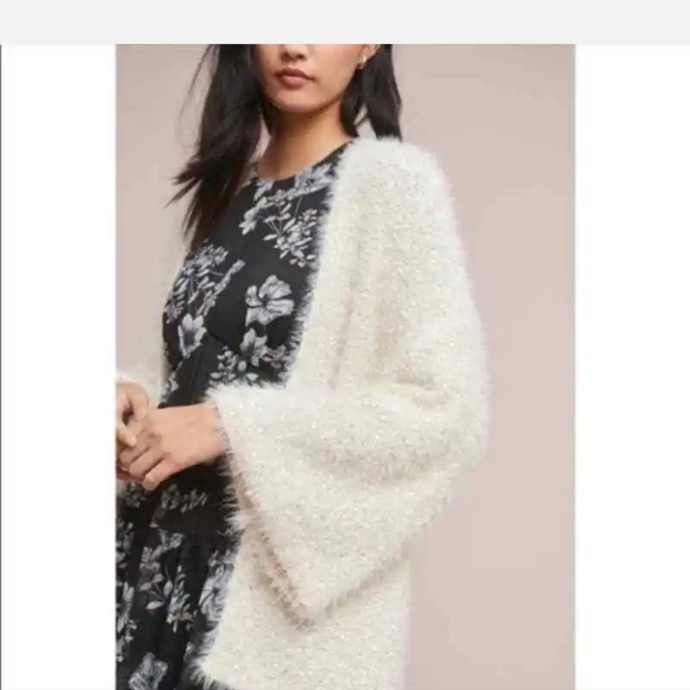 Sleeping on Snow Ivory Shimmer Sparkle Fuzzy Cozy Kimono Cardigan Sweater - Picture 3 of 10